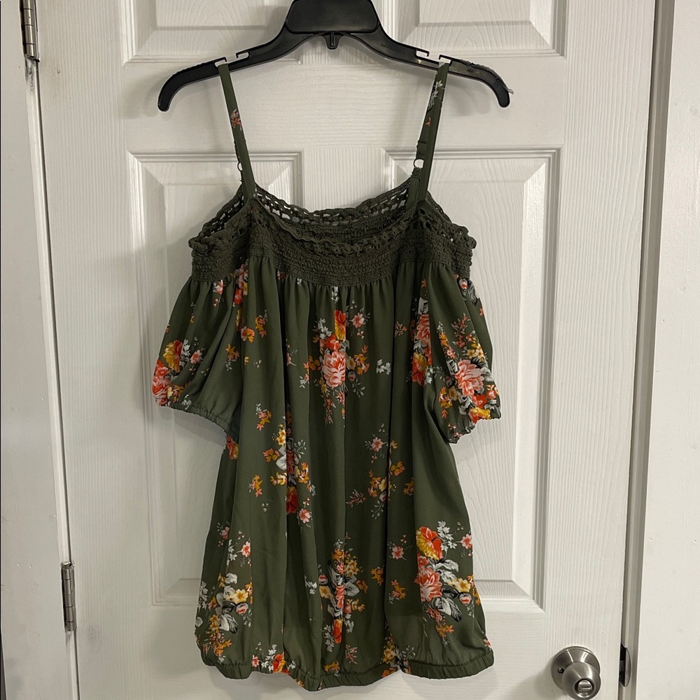 Torrid Olive Floral Crochet Cold Shoulder Top